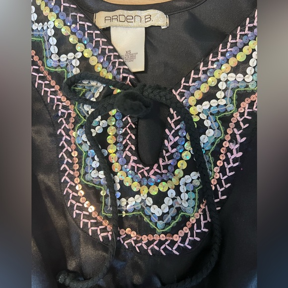 Arden B Boho A-Line cinched Waist Short Sleeve Boat Neck w/ Embroidery Black XS - Picture 5 of 11